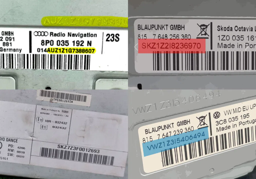 Volkswagen Audi Skoda car radio serial number label example