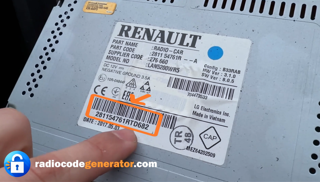 Dacia / Renault Radio serial number example - Radiocodegenerator.com