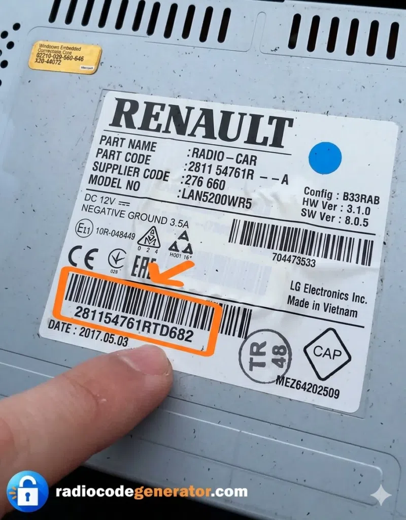 Renault and Dacia Radio Serial Number Example - Radiocodegenerator.com
