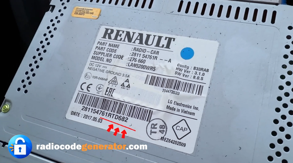 Renault radio unit label showing serial number and barcode for identification