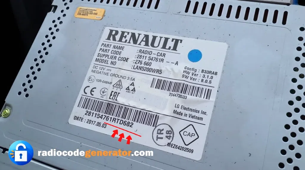 Renault radio unit label showing serial number and barcode for identification