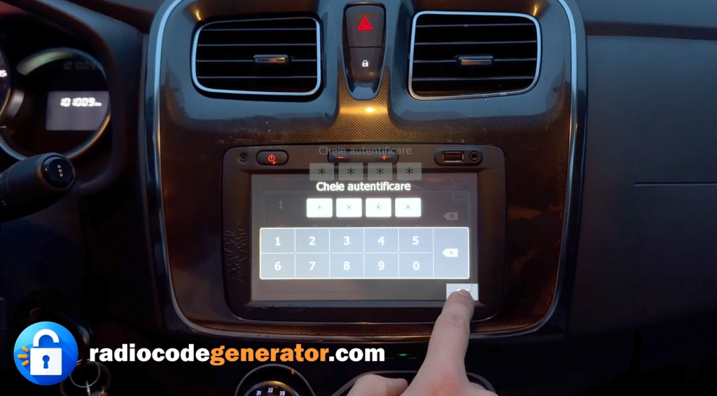 Dacia Renault multimedia radio screen prompting for PIN code entry to unlock the system