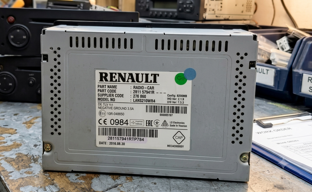 Side label sticker on a Renault Update List radio showing part code, serial number, and security Pre-Code